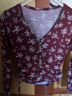 No Boundaries Burgundy Floral Button-Front Long Sleeve Top